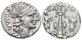 C. Minucius Augurinus. Denarius circa 135, AR 19mm., 3.75g. Helmeted head of Roma r.; below chin, X and behind, ROMA. Rev. C·A – VG Ionic column surmo...