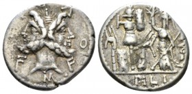 M. Furius L.f. Philus. Denarius 121, AR 19mm., 3.97g. M·FOVRI·L·F Laureate head of Janus. Rev. Roma standing l., wearing Corinthian helmet and holding...