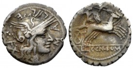 L. Licinius Crassus, Cn. Domitius Ahenobarbus and associates Denarius serratus Narbo 118, AR 19.5mm., 3.74g. C·MA L – LE·C·F Helmeted head of Roma r.;...