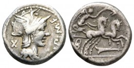 M. Cipius M.f. Denarius 115 or 114, AR 16.5mm., 3.79g. M·CIPI·M·F Helmeted head of Roma r.; behind, X. Rev. Victory in prancing biga r., holding reins...
