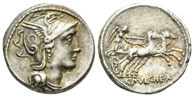 C. Claudius Pulcher. Denarius 110 or 109, AR 18mm., 3.94g. Helmeted head of Roma...