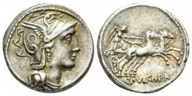 C. Claudius Pulcher. Denarius 110 or 109, AR 18mm., 3.94g. Helmeted head of Roma r., bowl decorated with annulet. Rev. Victory in biga r.; in exergue,...