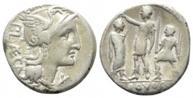 P. Porcius Laeca. Denarius 110 or 109, AR 18mm., 3.93g. Helmeted head of Roma r.; below chin, X. Behind, P·LAECA. Rev. Military governor standing l., ...
