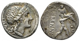 M. Herennius. Denarius 108 or 107, AR 18mm., 3.68g. PIETAS Diademed head of Pietas r.; before, B. Rev. M·HERENNI One of the Catanean brothers running ...