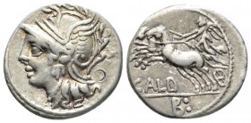 C. Coelius Caldus. Denarius 104, AR 18.5mm., 3.92g. Helmeted head of Roma l. Rev. Victory in prancing biga l.; below, CALD. In exergue, N:. Babelon Co...
