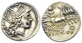 L. Sentius. Denarius 101, AR 20mm., 3.95g. Helmeted head of Roma r.; behind, ARG PVB. Rev. Jupiter in prancing biga r.; below horses, K. In exergue, L...