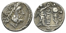 P. Vettius Sabinus. Quinarius 99, AR 14mm., 1.71g. Laureate head of Jupiter r.; behind, control letter. Rev. Victory r., crowning trophy; between, P S...