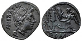 C. Egnatuleius C.f. Quinarius 97, AR 16mm., 1.75g. C·EGNATVLEI·C·F·Q Laureate head of Apollo r. Rev. Victory standing l. inscribing shield set on trop...