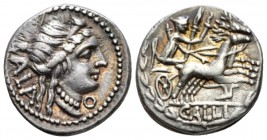 C. Allius Bala. Denarius 93, AR 17mm., 3.89g. BALA Diademed female head r.; below chin, O. Rev. Diana in biga of stags r.; with quiver over shoulder a...