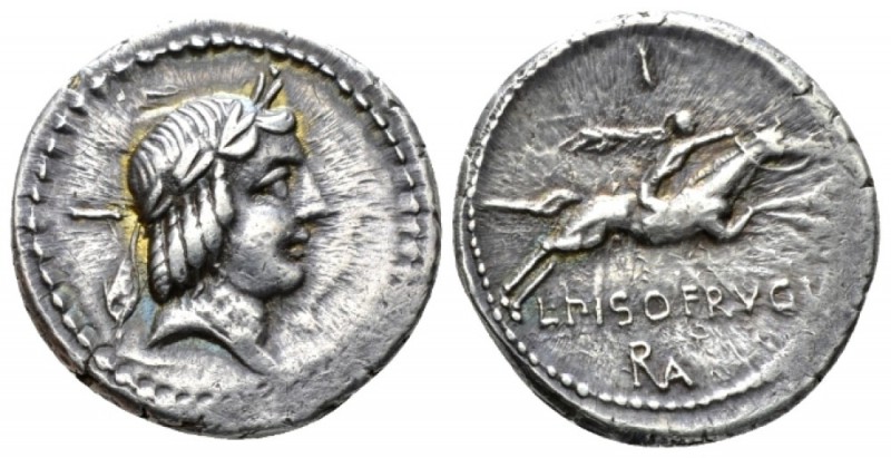 L. Piso Frugi. Denarius 90, AR 20mm., 3.94g. Laureate head of Apollo r.; behind,...