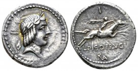 L. Piso Frugi. Denarius 90, AR 20mm., 3.94g. Laureate head of Apollo r.; behind, I. Rev. Horseman galloping r., holding palm-branch; above, I and belo...