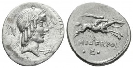 L. Piso Frugi. Denarius 90, AR 17mm., 3.83g. Laureate head of Apollo r.; behind, XII and below chin, . Rev. Horseman galloping l., holding palm branch...