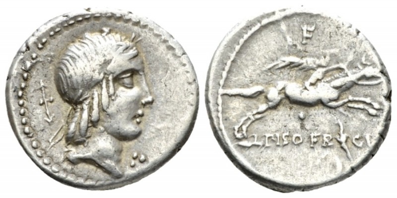 L. Piso Frugi. Denarius 90, AR 18.5mm., 4.14g. Laureate head of Apollo r.; behin...