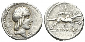 L. Piso Frugi. Denarius 90, AR 18.5mm., 4.14g. Laureate head of Apollo r.; behind, mint mark and in front, three dots. Rev. Horseman galloping r., hol...