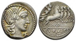 C. Vibius C.f. Pansa. Denarius 90, AR 18mm., 3.88g. PANSA Laureate head of Apollo r.; below chin, control mark. Rev. Minerva in fast quadriga r., hold...