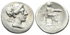 M. Cato. Denarius 89, AR 18mm., 3.75g. Diademed and draped female bust r., behind, ROMA and below neck truncation, M CATO. Rev. Victory seated r., hol...
