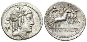 L. Iulius Bursio. Denarius 85, AR 20.5mm., 3.99g. Male head r., with the attributes of Apollo, Mercury and Neptune; behind, sceptre. Rev. Victory in q...