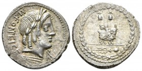 Mn. Fonteius C.f. Denarius 85, AR 20mm., 4.03g. Laureate head of Apollo Veiovis r.; below, thunderbolt; behind, MN FONTEI C F; before, monogram. Rev. ...