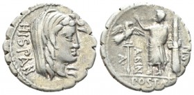 A. Postumius Albinus. Denarius serratus 81, AR 20mm., 3.93g. HISPAN Veiled head of Hispania r. Rev. A – POST·A·F – ·S·N – ALBIN Togate figure standing...