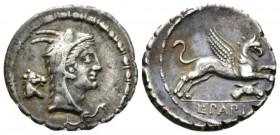 Denarius serratus 79, AR 19mm., 3.77g. Head of Juno Sospita r.; behind, horse's head. Rev. Gryphon leaping r.; below, donkey's head. In exergue, L·PAP...