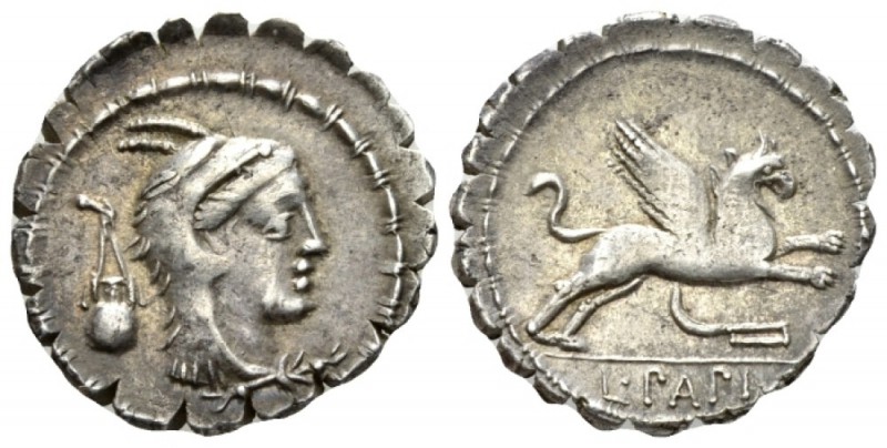 Denarius serratus 79, AR 19.5mm., 3.90g. Head of Juno Sospita r.; behind, oil's ...