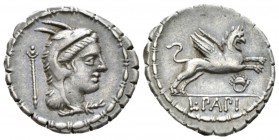 L. Papius. Denarius serratus 79, AR 19.5mm., 3.69g. Head of Juno Sospita r.; behind, tanner harp. Rev. Gryphon leaping r.; below, amphora. In exergue,...
