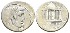 M. Volteius M.f. Denarius 78, AR 19mm., 3.82g. Laureate head of Jupiter r. Rev. Capitoline temple; in exergue, M·VOLTEI·M·F. Babelon Volteia 1. Sydenh...