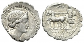 C. Egnatius Cn. F. Cn. N. Maxumus. Denarius serratus 75, AR 19.5mm., 3.97g. Diademed and draped bust of Venus r., with Cupid perched on shoulder; behi...