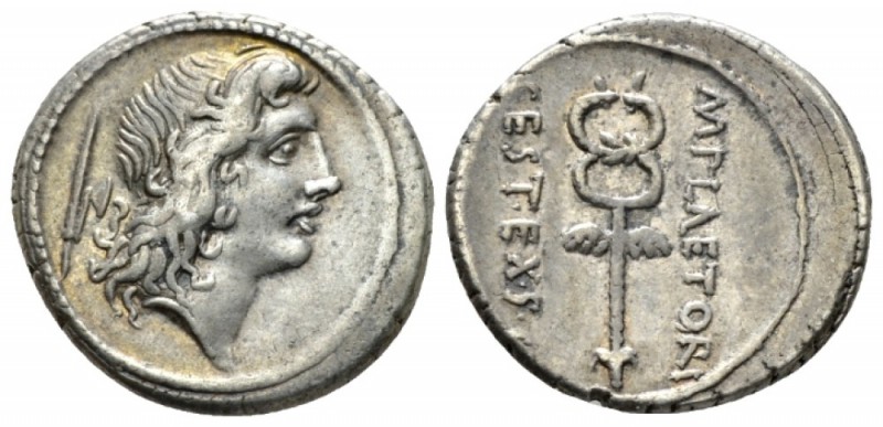 M. Plaetorius M. f. Cestianus. Denarius 69, AR 19.5mm., 4.04g. Male head r., wit...