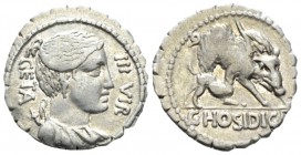 C. Hosidius C.f. Geta. Denarius serratus 68, AR 20mm., 3.82g. GETA – III·VIR Draped bust of Diana r., with bow and quiver over shoulder. Rev. Boar r. ...