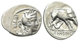 C. Hosidius Geta. Denarius 68, AR 15mm., 3.91g. III·VIR – GETA Diademed and draped bust of Diana r., with bow and quiver over shoulder. Rev. Boar r. a...
