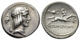 C. Piso L.f. Frugi. Denarius 67, AR 18.5mm., 3.83g. Laureate head of Apollo r.; behind, eagle with closed wings, looking backwards. Rev. Winged horsem...