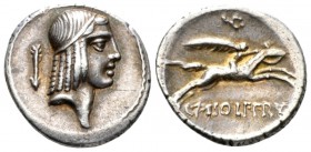 C. Calpurnius L. f. Frugi. Denarius 67, AR 18mm., 3.79g. Head of Apollo r., hair bound with fillet; behind, arrow poiting downwards. Rev. Horseman gal...