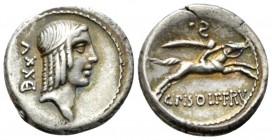 C. Piso L.f. Frugi. Denarius 67, AR 18.5mm., 4.12g. Head of Apollo r., hair bound with fillet; behind, DXXV. Rev. Horseman galloping r., holding branc...