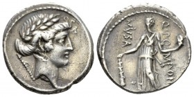 Q. Pomponius Musa. Denarius 66, AR 18mm., 4.05g. Laureate head of Apollo r.; behind, sceptre. Rev. Q·PO – MPONI – MVSA Melpomene standing facing, head...