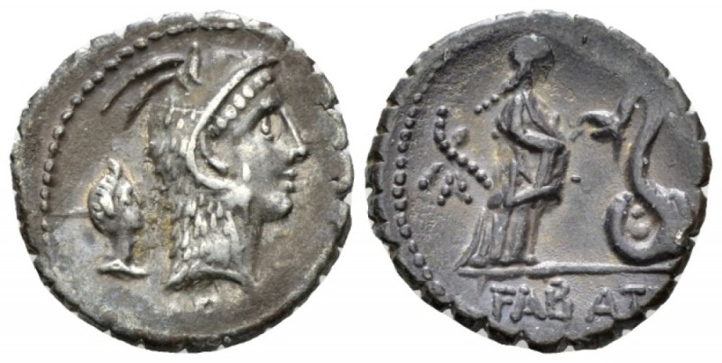 L. Roscius Fabatus. Denarius serratus 64, AR 18mm., 3.93g. Head of Juno Sospita ...