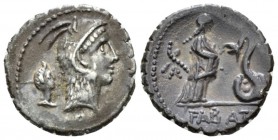 L. Roscius Fabatus. Denarius serratus 64, AR 18mm., 3.93g. Head of Juno Sospita r.; behind, female head r. and below, L ROSCI. Rev. Girl standing l. f...