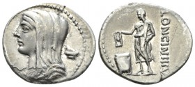 L. Cassius Longinus. Denarius 63, AR 21mm., 3.72g. Diademed and veiled head of Vesta l.; below chin, S. In r. field, dish. Rev. LONGIN·III·V Voter sta...