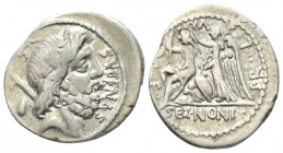 Denarius 59, AR 20mm., 3.69g. SVFENAS – S·C Head of Saturn r.; in l. field, harpa and conical stone. Rev. PR·L·V·P·F Roma seated l. on pile of arms, h...