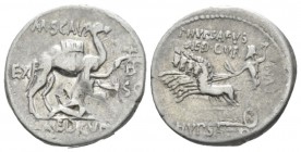 M. Aemilius Scaurus, P. Plautius Hypsaeus. Denarius 58, AR 18mm., 3.81g. M·SCAVR / AED CVR Kneeling figure r., holding olive branch and reins of camel...