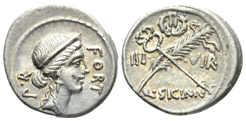 Q. Sicinius. Denarius 49, AR 18mm., 3.85g. Diademed head of Fortuna Populi Roman...