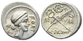 Q. Sicinius. Denarius 49, AR 18mm., 3.85g. Diademed head of Fortuna Populi Romani r.; before, FORT; behind, P R. Rev. Palm branch tied with fillet and...