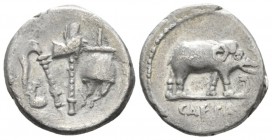 Iulius Caesar Denarius Gallia Narbonensis, Hispania Citerior 49, AR 18.5mm., 3.45g. Pontifical emblems: culullus, aspergillum, axe and apex. Rev. Elep...