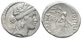 L. Hostilius Saserna. Denarius 48, AR 17.5mm., 3.99g. Female head r., wearing oak wreath. Rev. L·HOSTILIVS SASERNA Victory advancing r., holding caduc...
