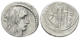 L. Hostilius Saserna. Denarius 48, AR 19.5mm., 3.78g. Female head r. with long hair; behind, carnyx. Rev. L·HOSTILIVS – SASERNA Artemis standing facin...