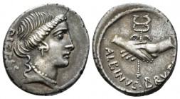 D. Iunius Brutus Albinus. Denarius 48, AR 18mm., 4.10g. PIETAS Head of Pietas r. Rev. Two hands clasped round winged caduceus; below, ALBINVS·BRVTI·F....