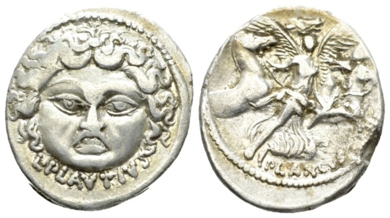 L. Plautius Plancus. Denarius 47, AR 18.5mm., 3.70g. Head of Medusa facing with ...