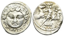 L. Plautius Plancus. Denarius 47, AR 18.5mm., 3.70g. Head of Medusa facing with dishevelled hair; below, [L·PLAVTIVS]. Rev. Victory facing, holding pa...