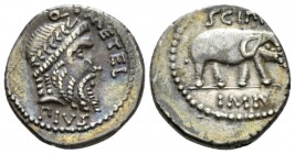 Q. Caecilius Metellus Pius Scipio. Denarius Africa 47-46, AR 17.5mm., 3.80g. Q·METEL Laureate head of Jupiter r.; below, PIVS. Rev. SCIPIO Elephant r....