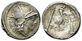 T. Carisius. Denarius 46, AR 17.5mm., 3.74g. Head of Roma r., wearing Attic helmet decorated with plume; behind, ROMA. Rev. Sceptre, cornucopia on glo...